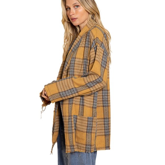 POL Oversized Boho Yellow and Blue Plaid Blazer Jacket - Picture 10 of 11